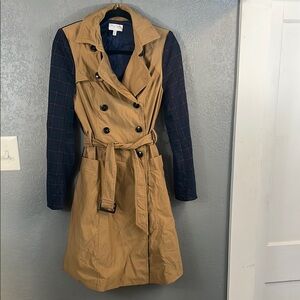 Tan and Blue Color-Block Trench Coat